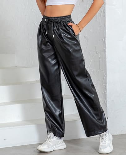 RAMISU Women's Faux Leather Pants High Waisted Straight Leg Trousers Elastic Drawstring Wide Leg PU Pants with Pockets2