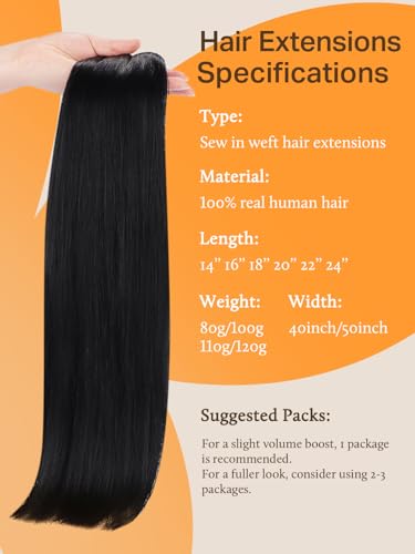 Image of DOORES Weft Hair Extensions, Jet Black 16 Inch 80g Bundles Sew In Real Human Hair Straight Natural Weave Full Head