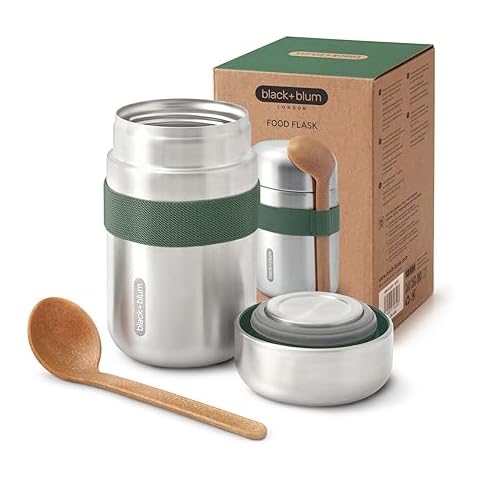 BLACK + BLUM Vacuum Food Flask | Leak Proof Insulated Stainless Steel Lunch Container with Ladle Spoon for Hot and Cold Food | Travel, Office Lunch Box for All Ages | Olive 13.5 oz / 400 ml Cover