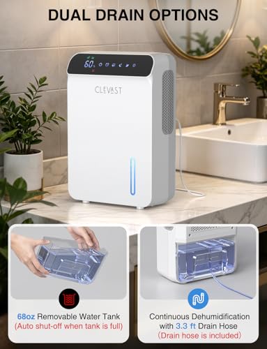 Image of CLEVAST Dehumidifier for Home with Drain Hose, 68oz Water Tank Smart Humidity Control, Auto Shut Off, Quiet Small Dehumidifiers for Bathroom, Bedroom, Basement, RV and Camper