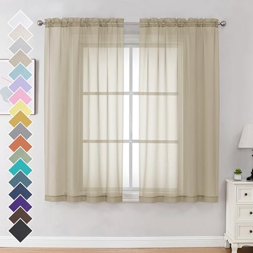 Image of OVZME Taupe Sheer Curtains 63 Inches Long 2 Panels - Soft Light Filtering Window Sheer Panels for Living Room /Bedroom, Top Dual Rod Pocket, 1 Pair, Each 42Wx63L Inches
