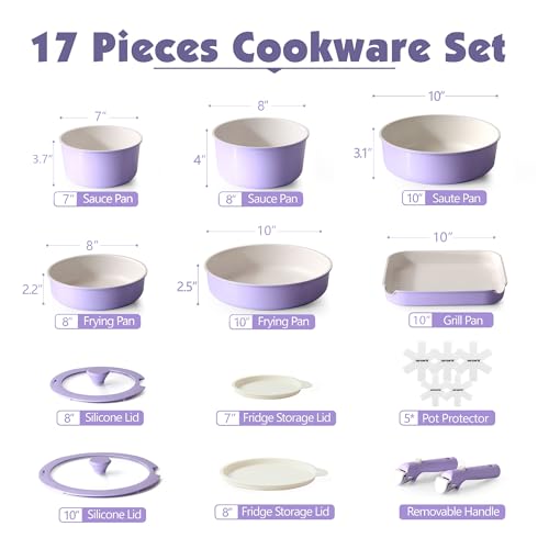 Image of SENSARTE 17 Piece Ceramic Pots and Pans Set, Nonstick Detachable Handle Cookware, Induction Kitchen Cookware Set with Removable Handle, Dishwasher & Oven Safe (Purple)