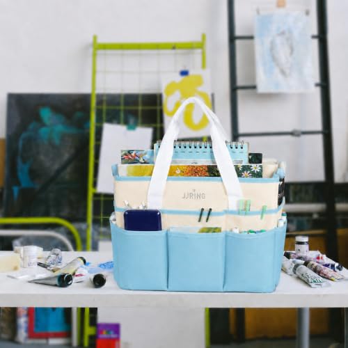 Image of JJRING Craft Organizer Tote Bag Large Art Storage Caddy Sky Blue and Beige
