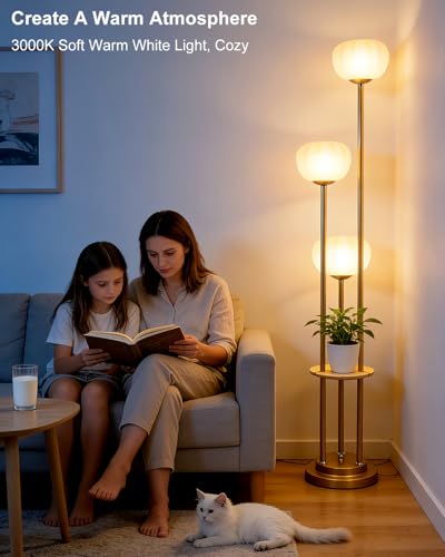 Image of Lightdot Gold Dimmable Floor Lamp with Table, Mid Century Modern Floor Lamps with Pumpkin Lampshade & Bulbs, 3-Light Tall Standing Lamp for Living Room /Bedroom /Sofa Beside /Corner Decor