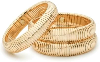 Ettika Gold Bangles For Women. Chunky Gold Bracelets, Set of Womens Bracelets. 3Pcs Flex Snake Chain Stretch Gold Tone Or Rhodium Plated Bangles