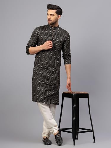 Image of LATEST CHIKAN Men's Cotton Regular Striped Knee Lenght Kurta Full Sleeves