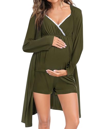 Image of SWOMOG Womens Maternity Robe Set 3 Piece Nursing Pajamas for Breastfeeding 3 in 1 Labor Delivery Hospital Pregnancy Pjs Army Green, X-Large