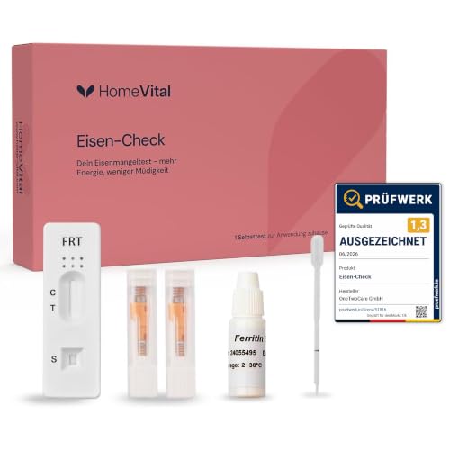 HomeVital Eisenmangel Selbsttest für Zuhause - Eisenwert Schnelltest für Zuhause I Eisen Test mit Ergebnis in 5 Minuten I Zur Orientierung bei Symptomen wie Müdigkeit oder Erschöpfung