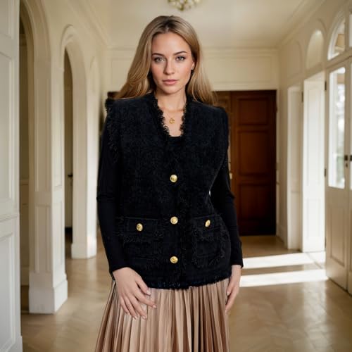 Image of WaJuemy Loose Sweater Vest for Women Dressy Sleeveless V Neck Cardigan Sweater Elegant 2025 Trendy Button Up Pockets Tops (Small, 01 Black)