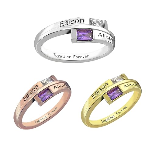 Custom Double Baguette Bypass Rings With Two Birthstones and Three Names For Women 925 Sterling Silver Personalized Wedding Engagement Rings Birthday Jewelry Christmas Gifts