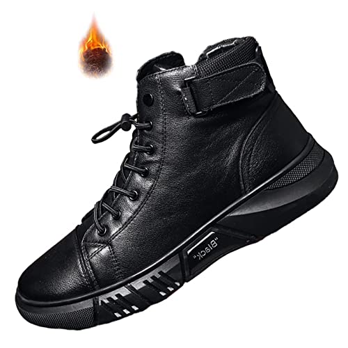 Dimleen Men's Italian High-Top All Black Leather Boots Stylish with Side Zipper Chukka Ankle Boots Non-Slip Softsole,Shock Absorption (Black Velvet,8.5,8.5,Men)