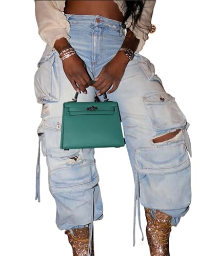 Sexyshine Women's High Waist Cargo Jeans Pants Y2K Baggy Loose Distressed Ripped Long Denim Pants with Multi Pockets4