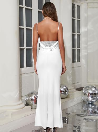 Image of Aigeman Women Spaghetti Straps Mermaid Evening Gown Wedding Guest Dress Drape Neck Lace Backless Formal Maxi Dress 21
