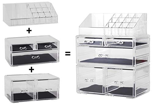 Image of Sooyee Makeup Organizer,Acrylic Cosmetic Organizer Storage Drawers Jewelry and Cosmetic Display Cases Box(5 Drawers 7 Tiers) 3 Pieces Stackable,Clear