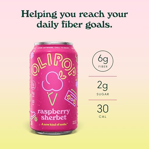 Image of OLIPOP Prebiotic Soda Pop, Raspberry Sherbet, Pantry Pack Packed with Prebiotics, Fiber, and Botanicals, Gluten Free, GMO Free, 12oz (12-Cans) (Packaging May Vary)
