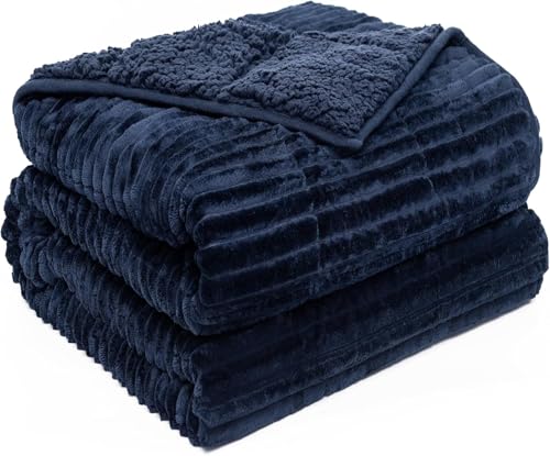 Image of Sherpa Fleece Weighted Blanket with Ribbed Stripes for Adults, 17 lbs Dual Sided Cozy Warm Blanket for Couch Full Size Bed, Glass Beads Heavy Thick Blankets Great for Sleep, Navy Blue, 60 inch x 80 inch