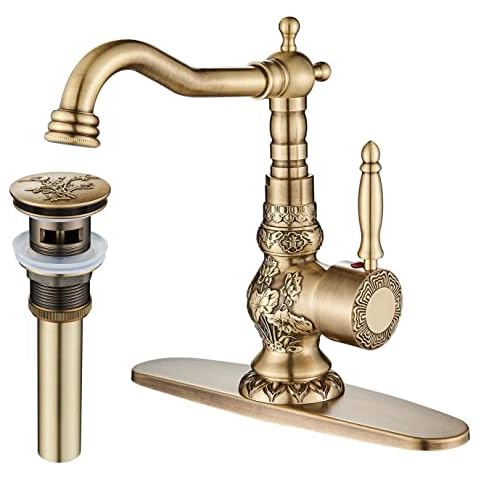 Senlesen Antique Brass Swivel Spout Bathroom Faucet Vanity Sink Mixer Tap and Pop Up Drain with Overflow Cover