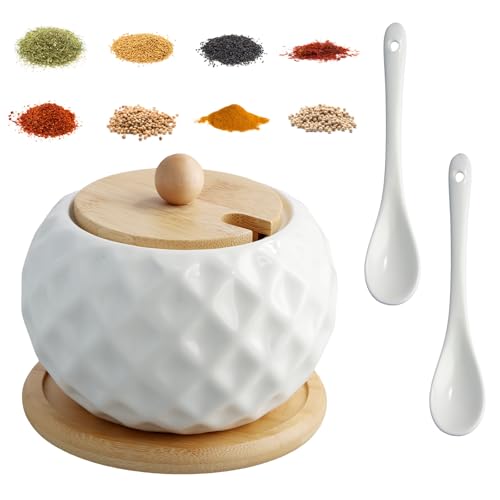 Kioiner Contenitore portaspezie, zuccheriera in ceramica con coperchio in bambù e 2 cucchiai (bianco)