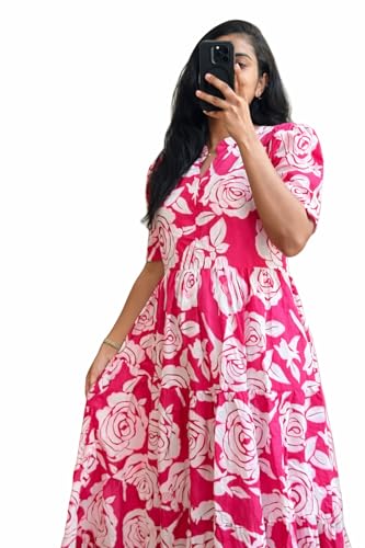 Image of Women's Rayon A-Line Midi Dress, Floral Print, Short Sleeves, Round Neck, Tiered Design