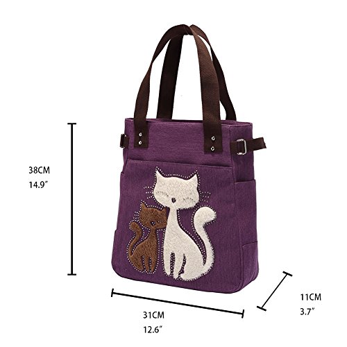 KAUKKO Women Canvas Handbag Shoulder Bag Cat Big Tote Bag(093-PURPLE)3