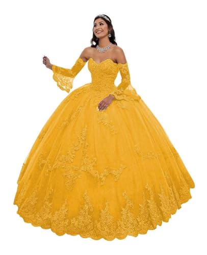 Strapless Tulle Quinceanera Dresses Detachable Long Sleeve Laces Appliques Formal Party Ball Gown for Women