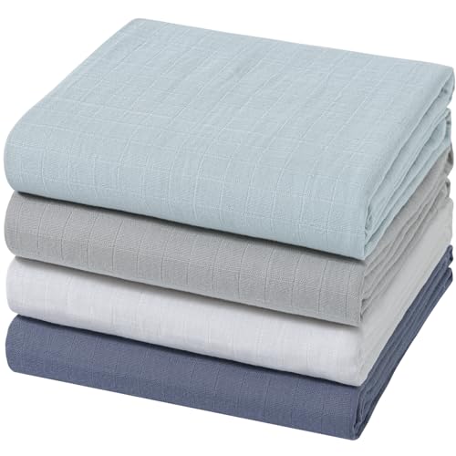 Image of POMISO Muslin Swaddle Blankets for Boys & Girls, Newborn Receiving Blankets, 4 Pack Soft Breathable Baby Swaddles, Large 47x47 Inches, Grey Blue White Green