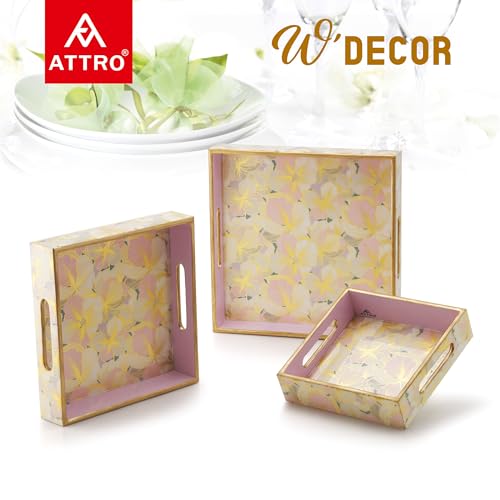 Image of Attro Square Designer Wooden Serving Tray Set - 1 Big, 1 Medium, 1 Small for Home Decor, Kitchen Use, Dining - Set of 3 Petal Gold