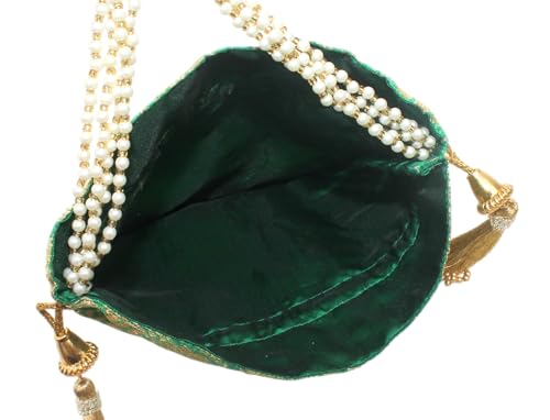 Image of MILAN'S CREATION Banarasi Silk Brocade Potli Bag Purse With Base Drawstring Women's handbag with Pearl Handle & Tassel Weddings