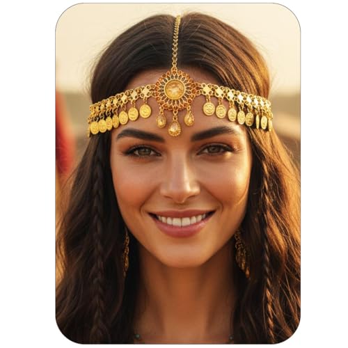 Catery Gold Coins Head Chain Jewelry Gypsy Headpiece Boho Sequin Cotusme Accessories for Women (Small Coin)