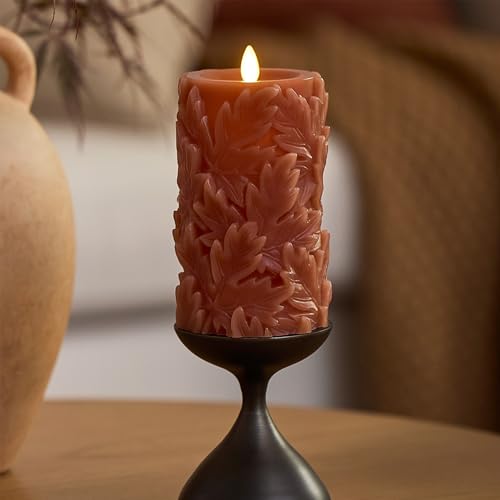 Image of Luminara Flameless Caramel Cafe Embossed Leaves 3.5 inch x 6.5 inch Pillar, Battery Operated & Timer Function, Fall Decorations Indoor Candle Moving Flickering Flame LED Light, Remote Ready (Sold Separately)