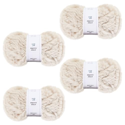 Pretty Jolly 4 Balls Faux Fur Super Soft Chunky Fluffy Yarn for Crochet & Knitting - Eyelash Polyester Yarn (Beige)