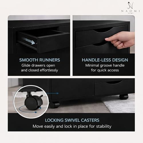 Image of Naomi Home Under Desk Rolling Office File Cabinet with 5 Drawers & Side Storage Cabinet, Mobile Organizer with Shelves & Swivel Casters for Home Office - Black