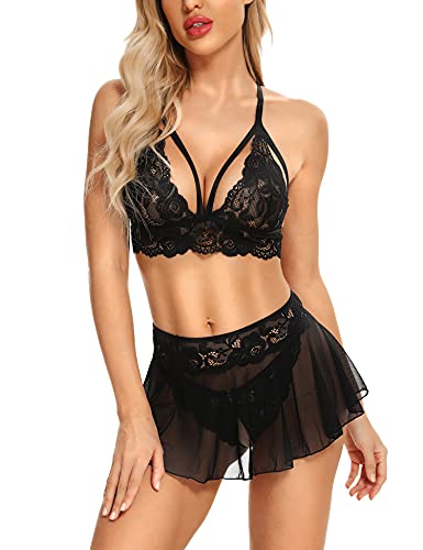 Genhoo Lace Lingerie for Women Sexy Bra Lace Bralette and Mini Skirt Set Underwear Sleepwear Nightwear