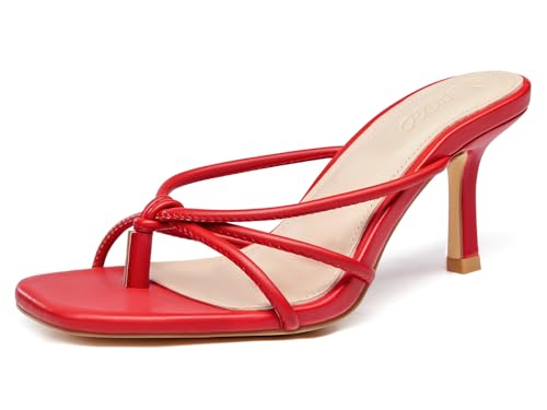 LAICIGO Womens Square Open Toe Flip Flops Stiletto Heels Strappy Thong Slide on Slingback Mules Sandals