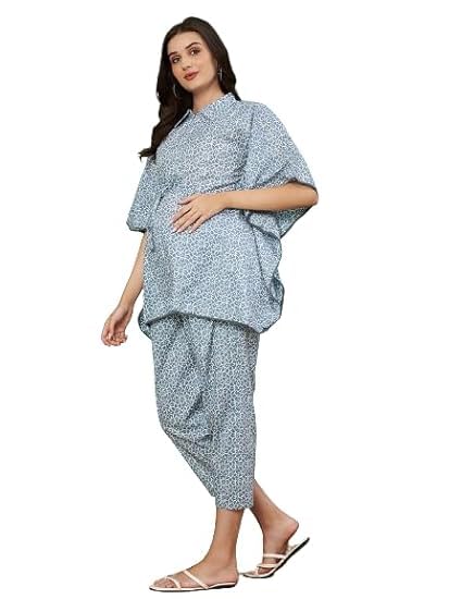 Women's Blue Cotton Printed Maternity Kaftan Top & Pant Set | Adjustable Waist & Elasticated Pants | Comfortable Pre & Post Pregnancy Wear | Nursing & Lounge Outfit | Size M-image-43