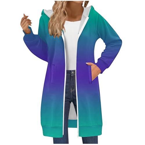 Sudaderas largas con capucha para mujer, a la moda, a rayas, con cremallera, para otoño e invierno, a la moda, con doble cremallera, forro polar, casual, ligera, con bolsillos, Za-azul, XXL