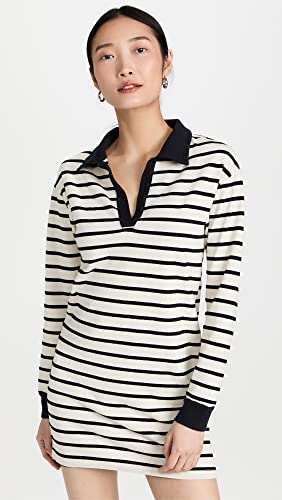 Monrow Women's Stripe Relaxed Polo Dress, Natural Black, L #TOP1