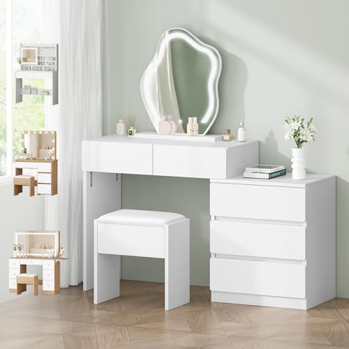 ALFORDSON Tocador de Maquillaje con Espejo en Forma de Nube, 2 amplios cajones y Taburete con Espacio de Almacenamiento, 10 Luces LED Ajustables en Altura y 4 Opciones de combinación, Blanco