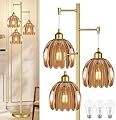 QIYIZM Gold Floor Lamp for Living Room,Bedroom,Tree 3 Light Standing Lamp Mid Century Modern Brass Tall Floor Lamps Vintage Retro Floor Lights Glass Flower Amber Lamp Shade Farmhouse Boho Bohemian