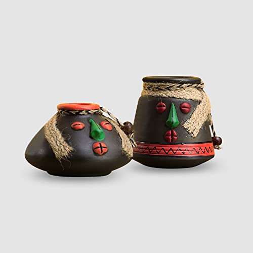 Image of ExclusiveLane 'Face Pot' Terracotta Decorative Pots Showpiece for Home Decor (Set of 2, 18.2 x 18.2 x 9.1 cm, Black) | Terracotta Decor Center Table Decorative Items Pots Home Decor Items