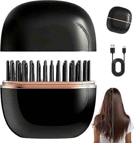 Mini Hair Straightener, 2 in 1 Cordless & Portable Small Straightener Brush Comb Fast Heating Hot Comb 3-Speed Temperature Control USB Rechargeable Heated Styling Brush