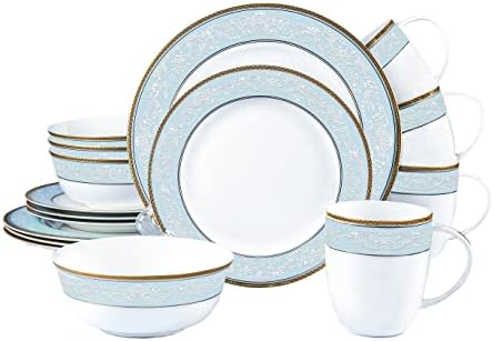 Fine Bone China Dinnerware Set,WPSLNWO 16 Pcs Classic Relief Pattern Gilt Edged High Grade Porcelain Tableware Sets For 4 People with Gift Box Packaging