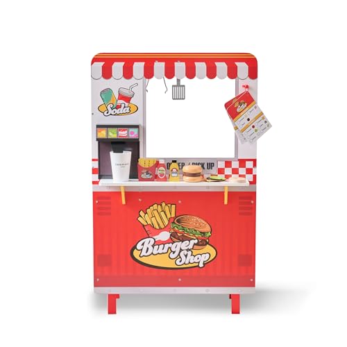 Teamson Kids Flip & Fry Burger Shop Playset for Kids Age 3+ | 29 Pretend Play Food Accessories, Interactive Soda Dispenser, Frying Station & Storage, Fast Food Restaurant Role Play — view 5