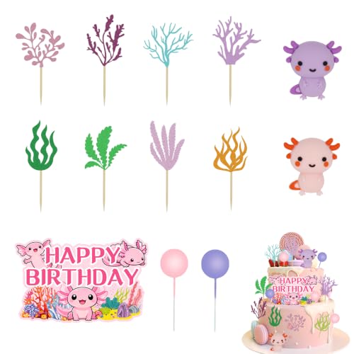 21Pcs Axolotl Cake Topper Set, Cute Under the Sea Cake Decorations with Pink Purple Axolotl Figurines, Ocean Theme Birthday Party Supplies for Cupcakes and Desserts