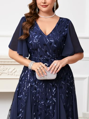 ZOMVA Plus Size 0X-4X Sequin Embroidery Formal Long Dress Glitter V-Neck A Line Prom Dress Wedding Evening Gown2