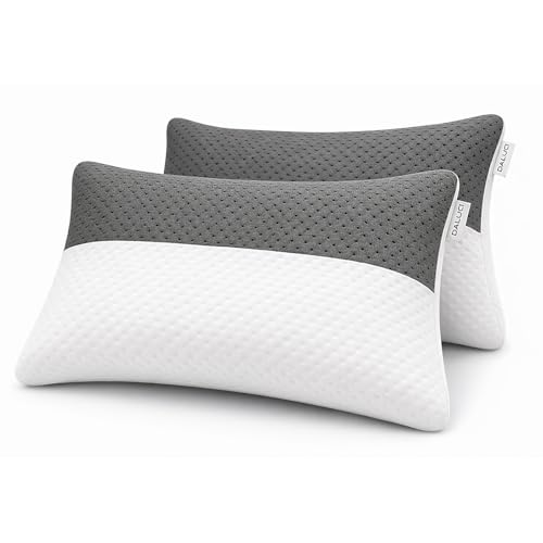 DALUCI Hollow Fiber Pillows Set of 2 Sleeping Pillow Adjustable Height | Soft Fluffy Bed Pillows for Sleeping | White & Grey | 27 x 16 Inches