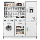 COSTWAY Kids Wooden Kitchen, Pretend Play Kitchen with Light, Sound, Ice Maker, Cooking Stove, Washing Machine, Oven, Microwave & Utensils, Large Children Chef Role Playset for Boys Girls