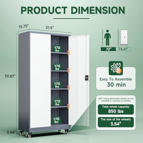 Image of Letaya Metal Garage Storage Cabinets with Lock Door and Adjustable Shelves, Steel Tool Cabinets for Home,Office,Warehouse Organisieren (Grey White, 74.41 inch H)