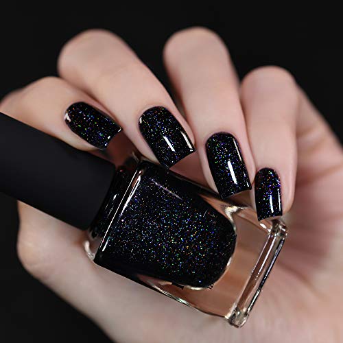 Image of ILNP Party Bus - Black Rainbow Flake Holographic Shimmer Nail Polish, Chip Resistant, 7-Free, Non-Toxic, Vegan, Cruelty Free, 12ml