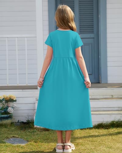 Girl's Summer Short Sleeve Loose Dress Casual Kids Crewneck Empire Waist Long Maxi Dresses with Pockets 2026 New Lake Green XS